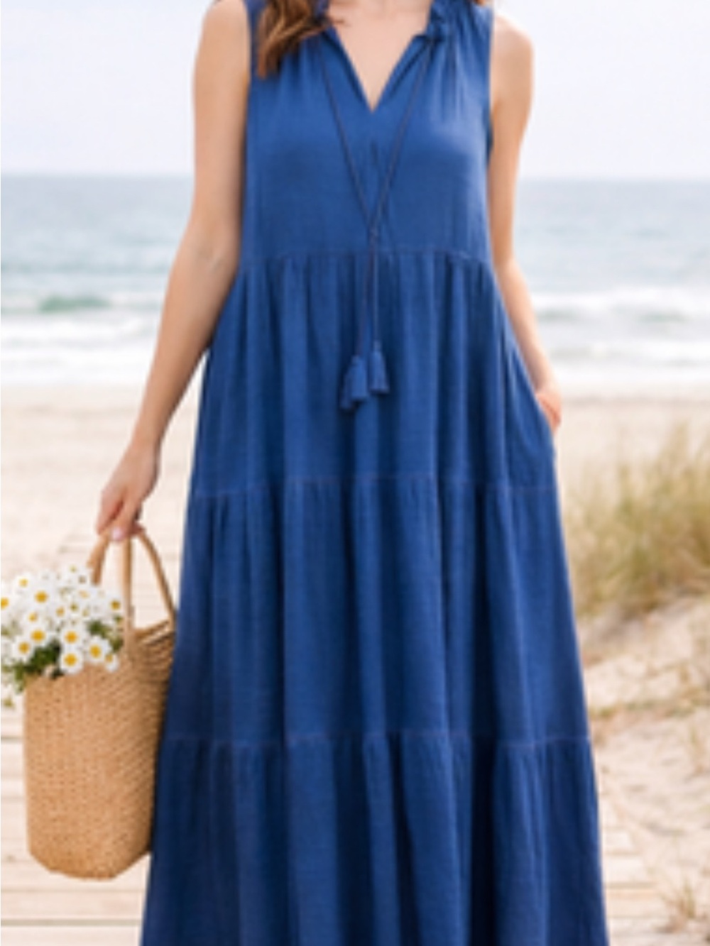 Max Studio Deep Blue Sleeveless Tiered Maxi Dress with Tassel Tie